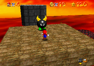 Mario facing the Big Bully in Lethal Lava Land