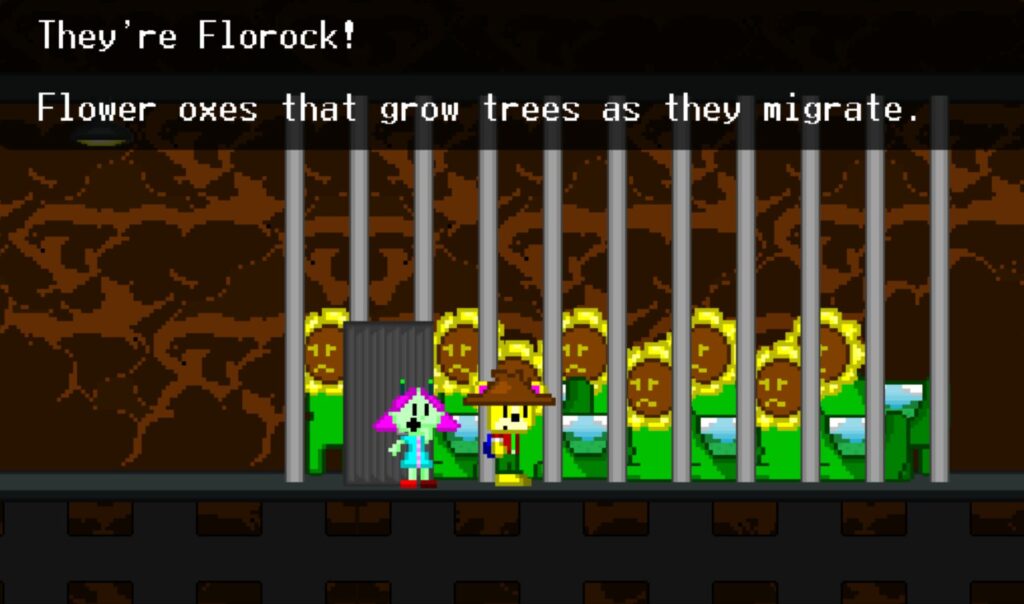 The main characters talk to some caged flower people called Florocks