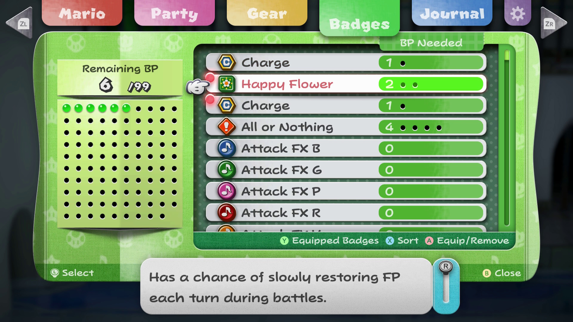 A list of badges in Paper Mario TTYD