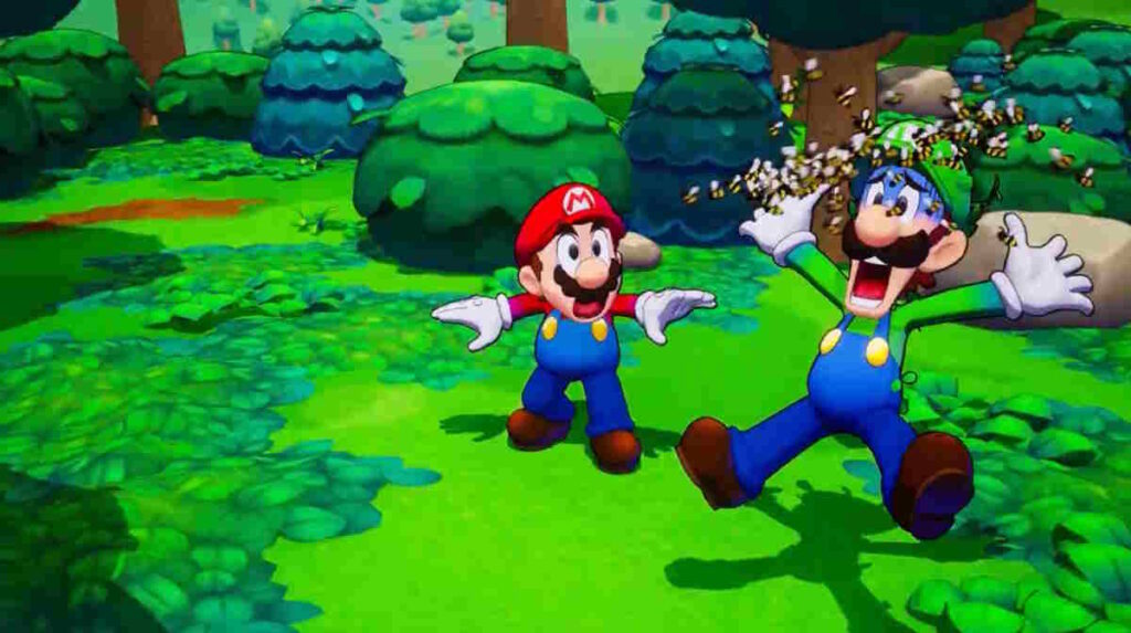 Luigi stung by bees in Brothership while Mario looks on in shock