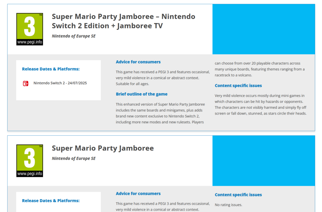 Super Mario Party Jamboree PEGI Listings