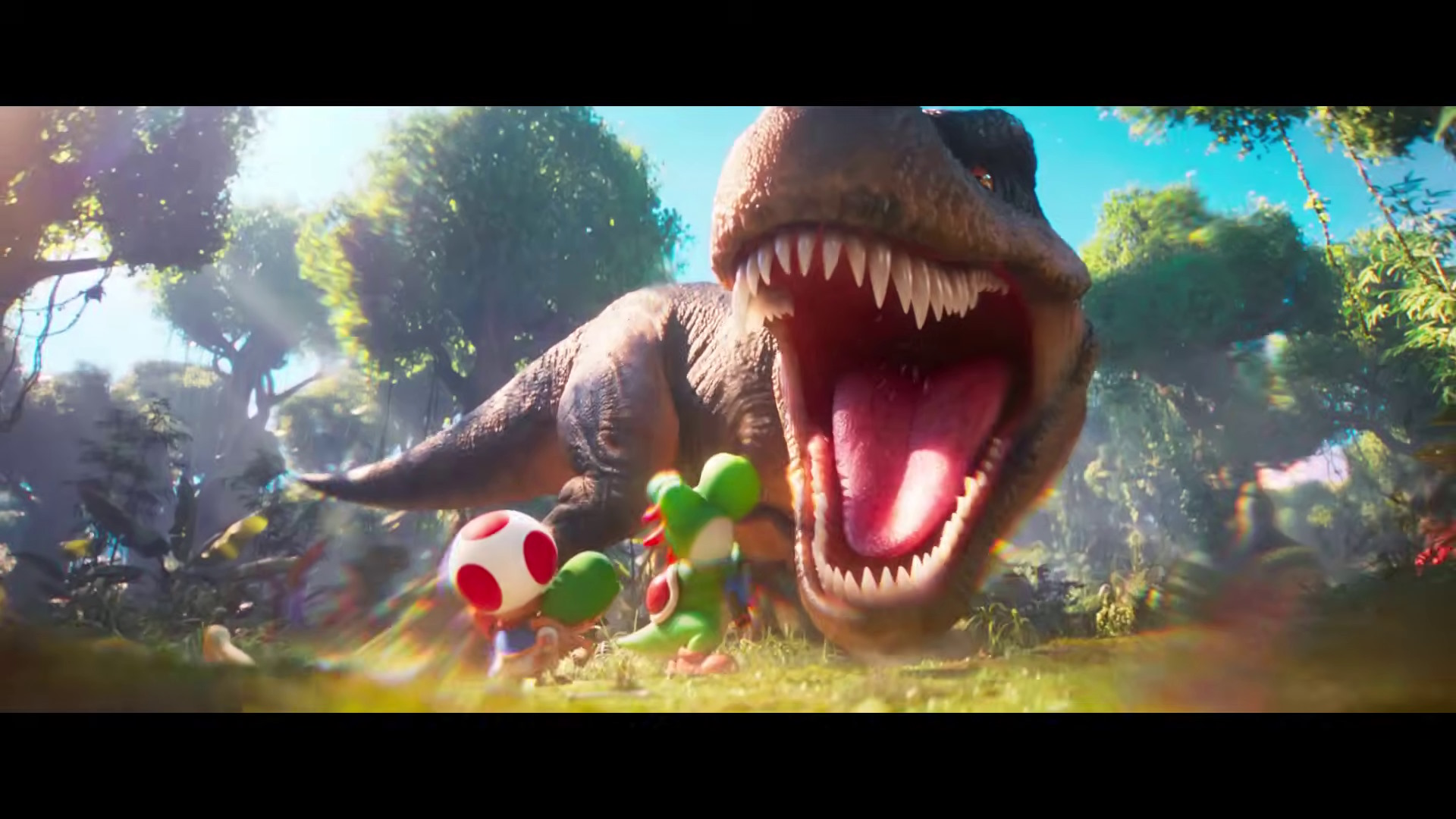 Yoshi and Crew Vs T Rex in The Super Mario Galaxy Movie
