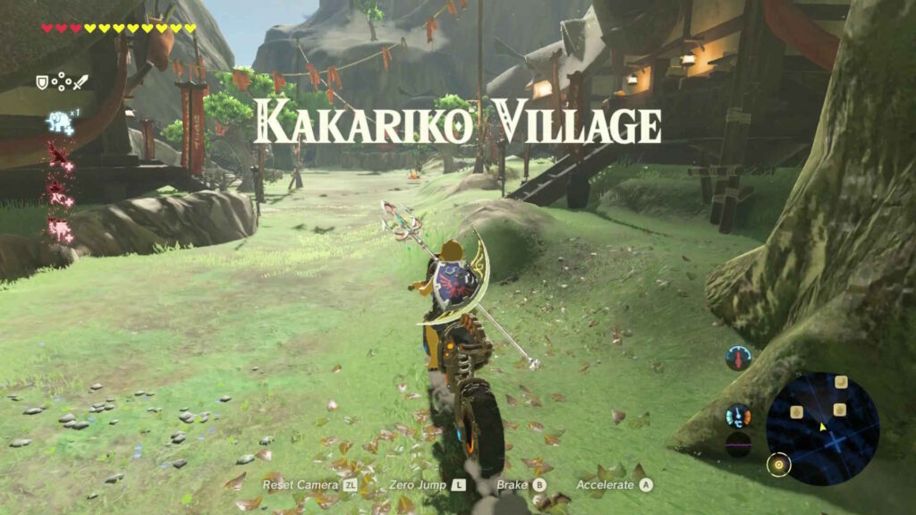 Link visits Kakariko Village before the glider using the Master Cycle Zero