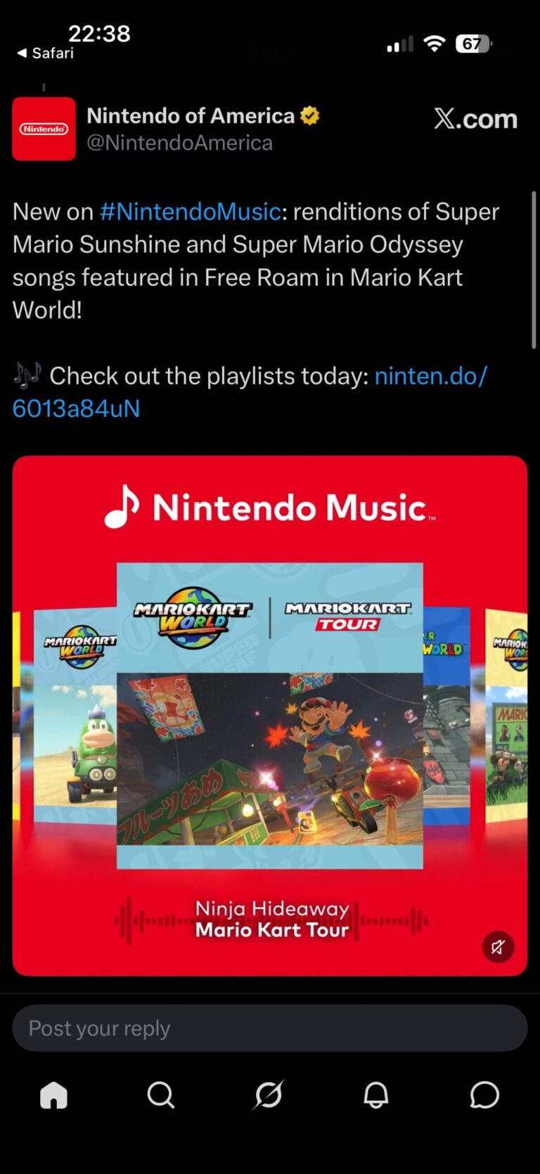 A Nintendo Post Showing Upcoming Mario Kart World Tracks in Nintendo Music