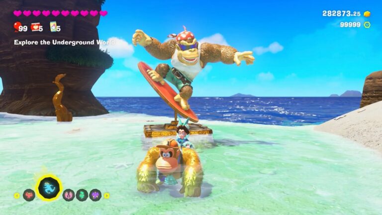 DK & Pauline stand in front of a Funky Kong statue on DK Island in Donkey Kong Bananza