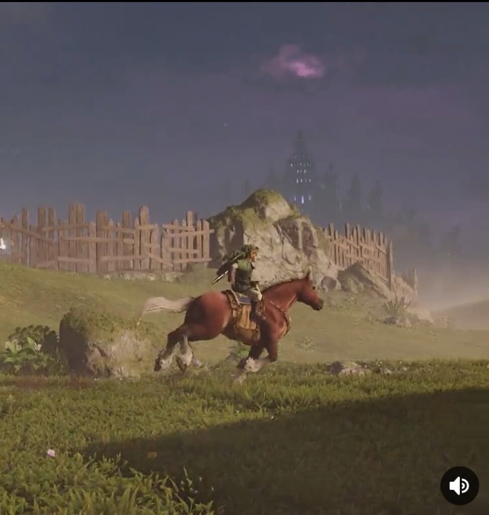 Ganon's Castle is visible in the background as Link rides through Hyrule Field