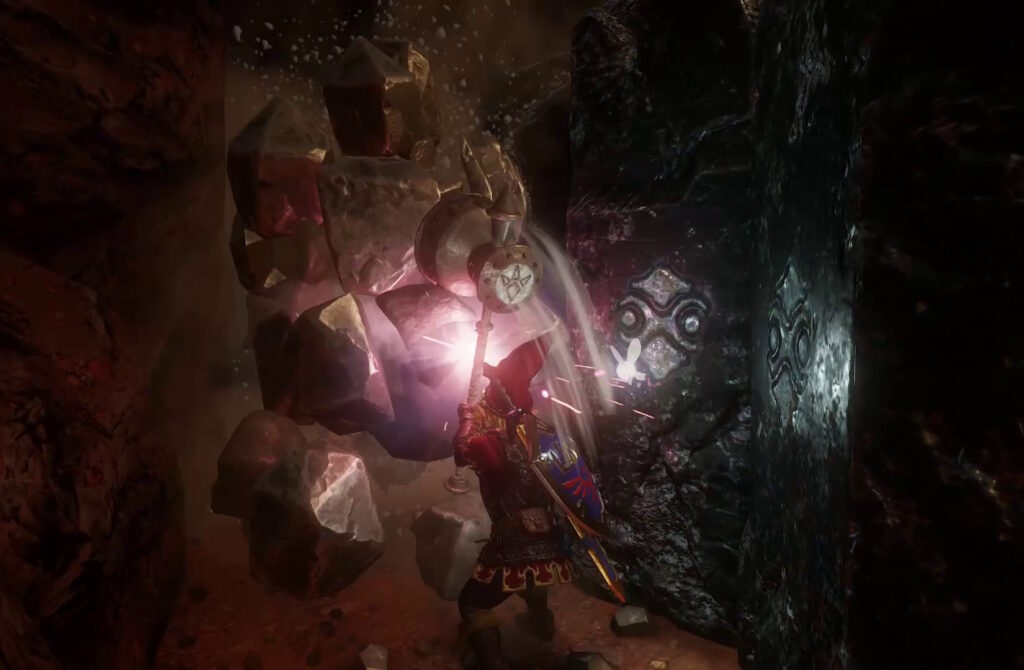 Link smashes rocks by swinging the Megaton Hammer vertically in Ocarina of Time Switch 2