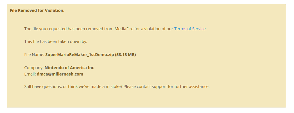 Super Mario ReMaker removal message on Mediafire