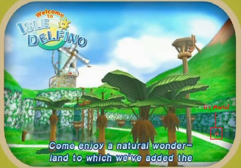 Mario accidentally appearing in the intro cutscene in Bianco Hills