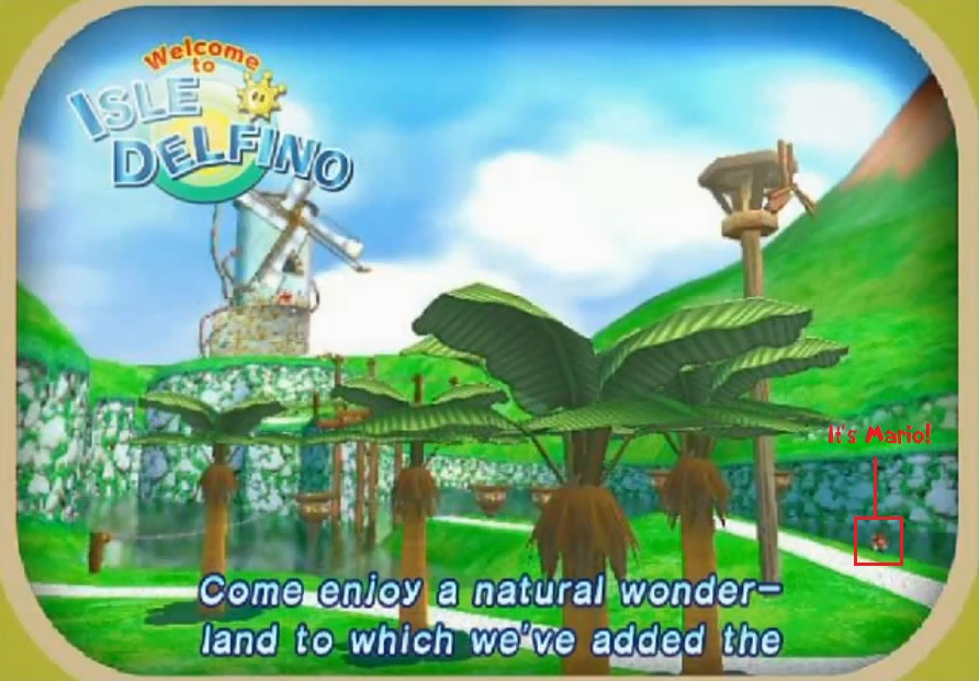 Mario accidentally appearing in the intro cutscene in Bianco Hills